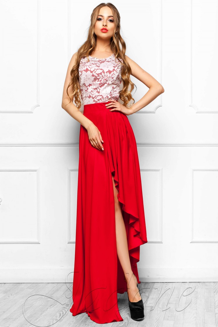 Платье с асимметричной юбкой и кружевом JDN8 красное