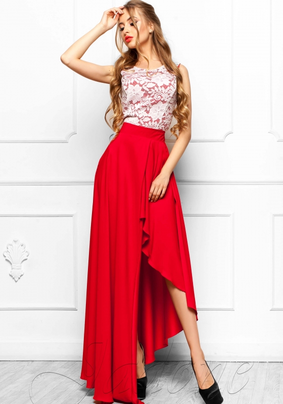 Платье с асимметричной юбкой и кружевом JDN8 красное - Платье с асимметричной юбкой и кружевом JDN8 красное
