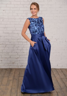 Новогоднее платье / Атласное вечернее платье в пол с кружевным лифом, синий