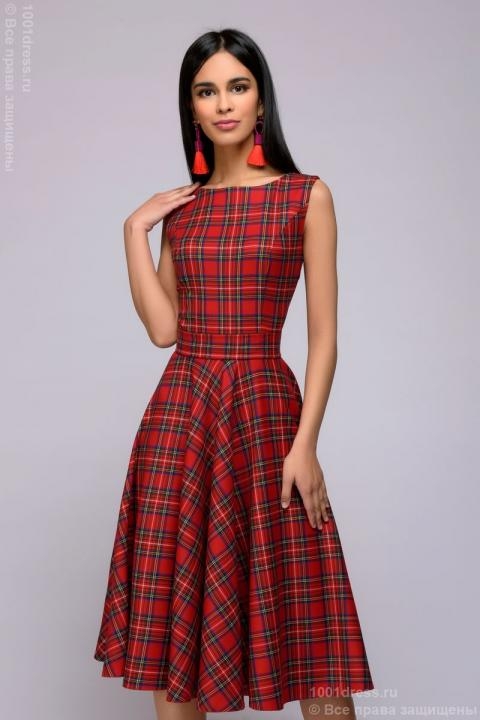 Платье красное в клетку длины миди в стиле ретро - Платье красное в клетку длины миди в стиле ретро