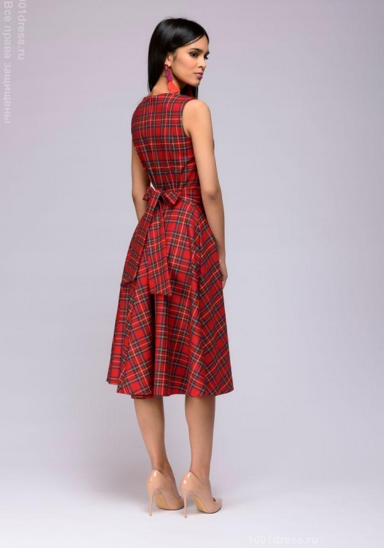 Платье красное в клетку длины миди в стиле ретро - Платье красное в клетку длины миди в стиле ретро