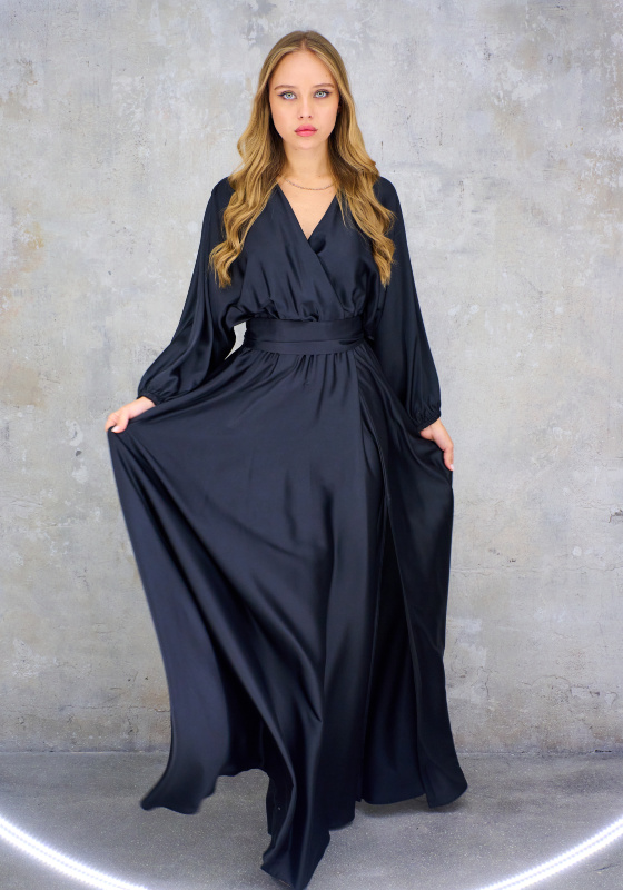 Атласное платье на запах в пол (Черный) - Атласное платье на запах в пол (Черный)
