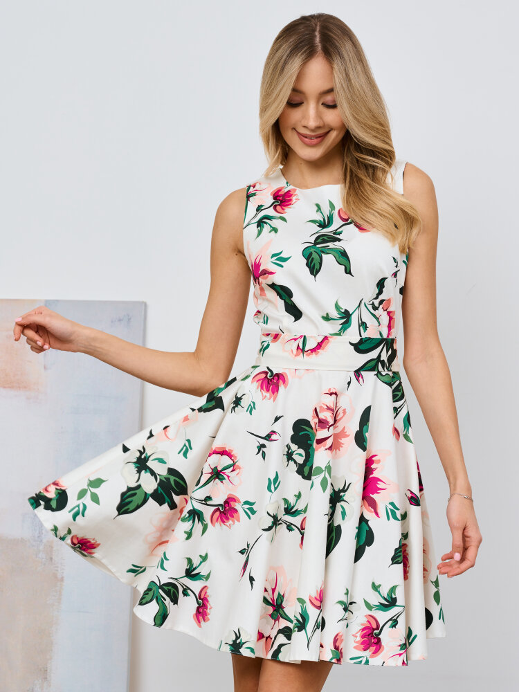 Изящное платье длины мини из хлопка с цветочным принтом (Белый)