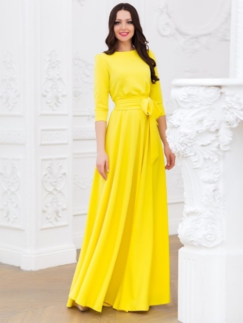Платье в пол с поясом и длинным рукавом 5208 жёлтое  - Платье в пол с поясом и длинным рукавом 5208 жёлтое 