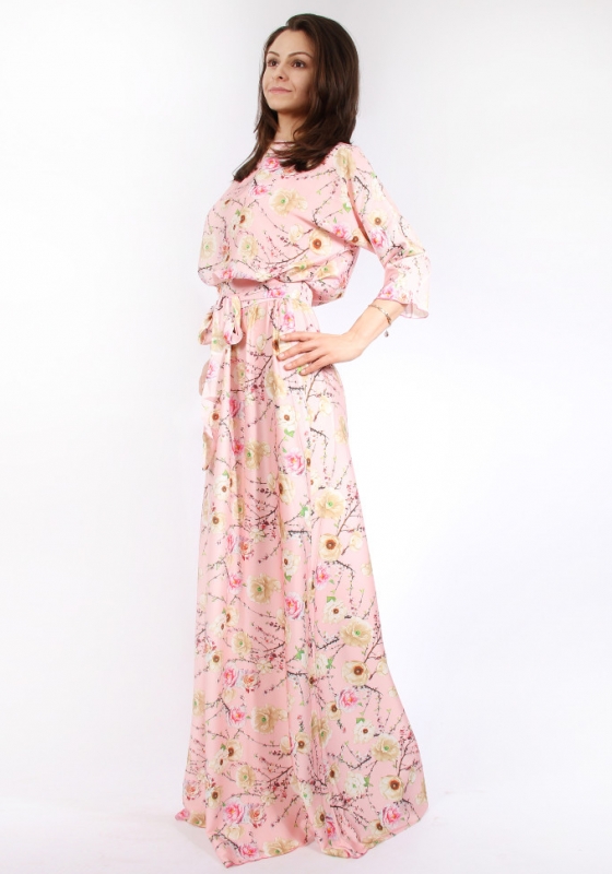 Платье в пол с поясом и длинным рукавом Emansipe 318 розовое  - Платье в пол с поясом и длинным рукавом Emansipe 318 розовое 