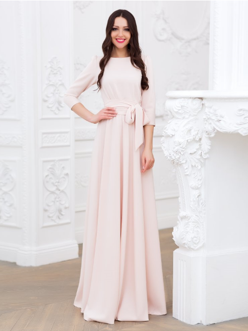 Платье в пол с поясом и длинным рукавом 5208 розовое  - Платье в пол с поясом и длинным рукавом 5208 розовое 