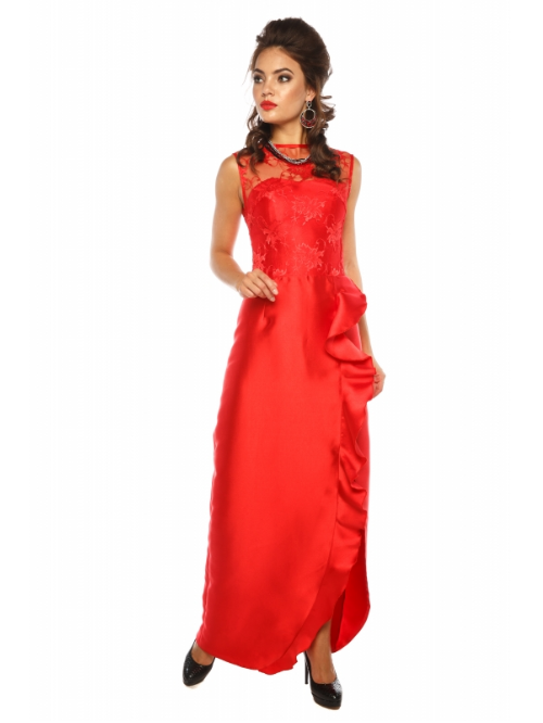 Асимметричное длинное  платье с кружевом Leleya Арабель красное
