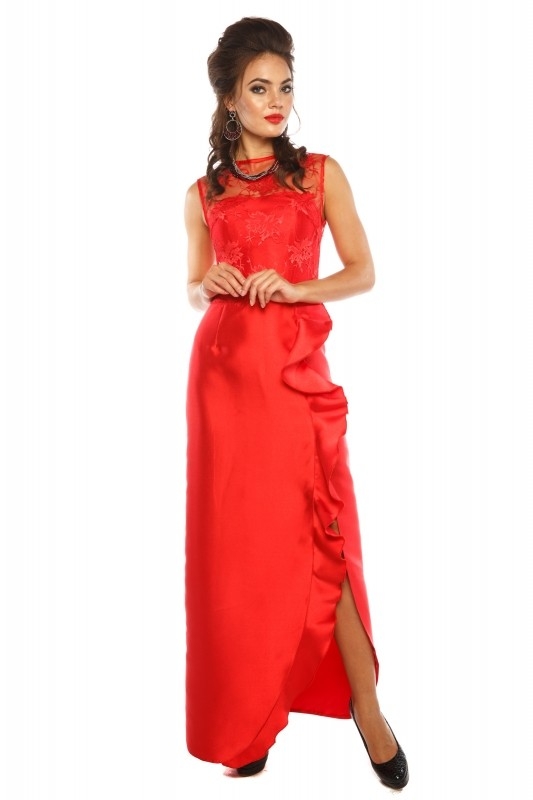 Асимметричное длинное  платье с кружевом Leleya Арабель красное - Асимметричное длинное  платье с кружевом Leleya Арабель красное
