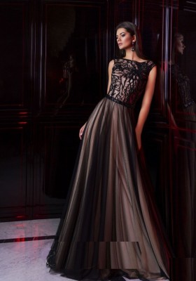 Темное платье с кружевом с верху 16226 коричневое