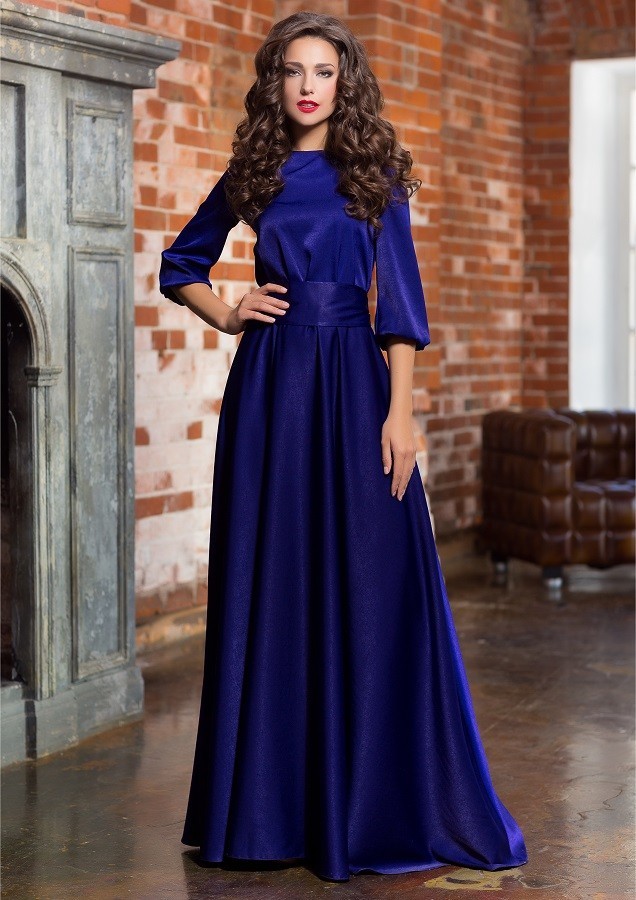 Платье в пол с длинным  рукавом   5112 темно-синее