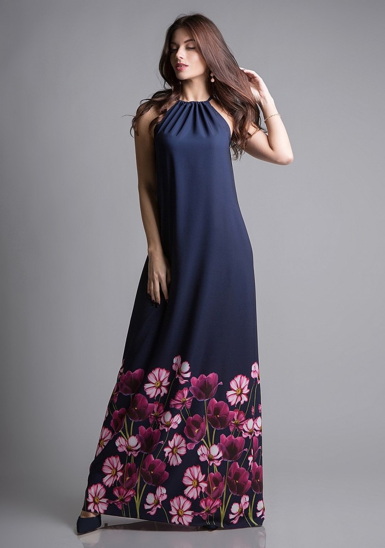 Платье SQ 1147 синее с цветочным принтом