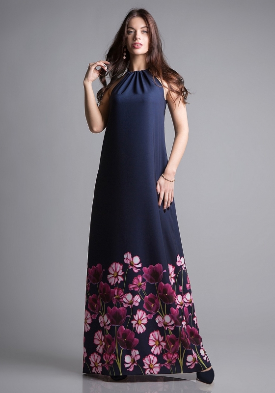 Платье SQ 1147 синее с цветочным принтом - Платье SQ 1147 синее с цветочным принтом