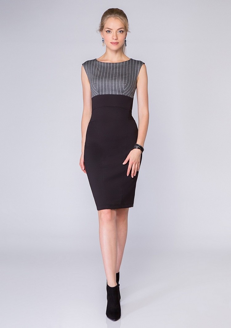 Платье SQ 1034 черное с серым лифом в полоску