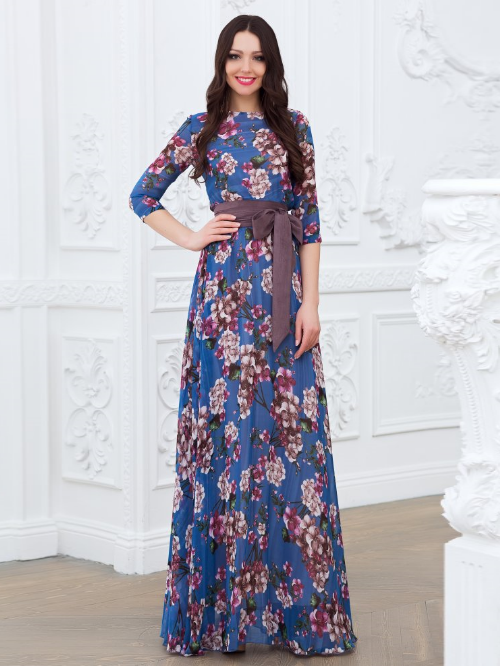  Шифоновое платье в пол с поясом  Eva 5220-1 голубое 
