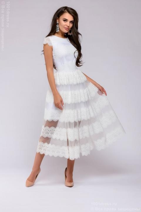 Платье белое кружевное длины миди - Платье белое кружевное длины миди