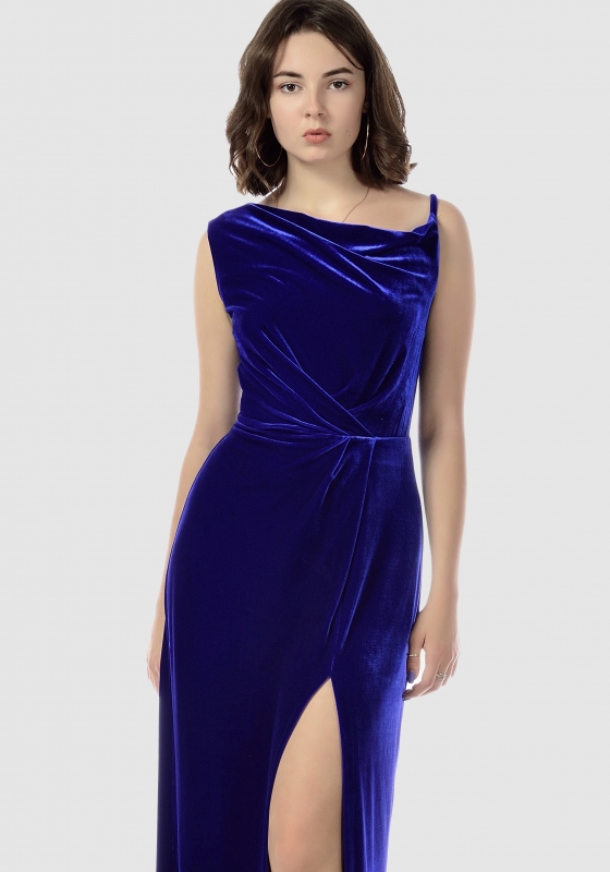 Вечернее платье из бархата с разрезом, синее - Вечернее платье из бархата с разрезом, синее