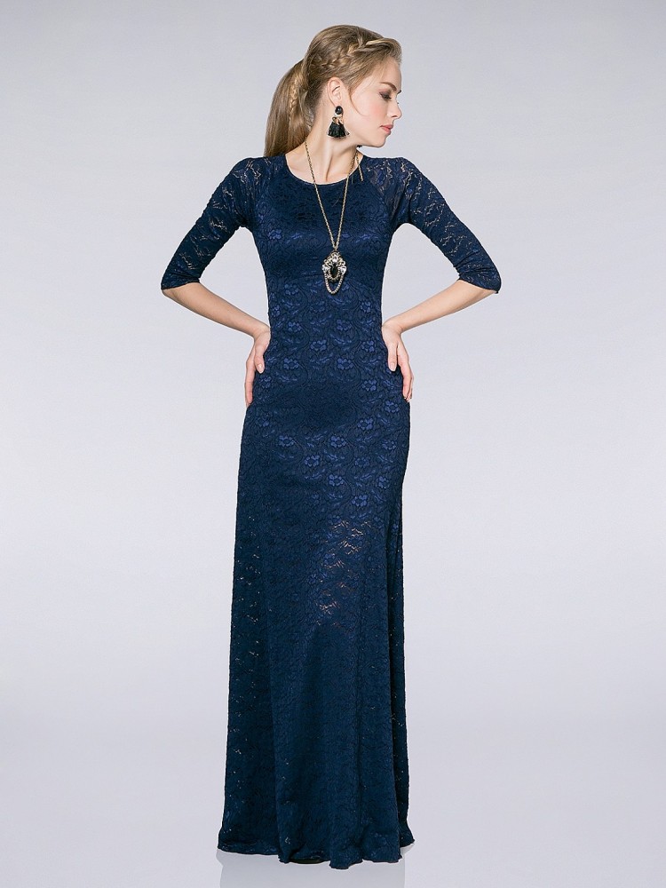 Кружевное платье в пол SQ3 Т-синее