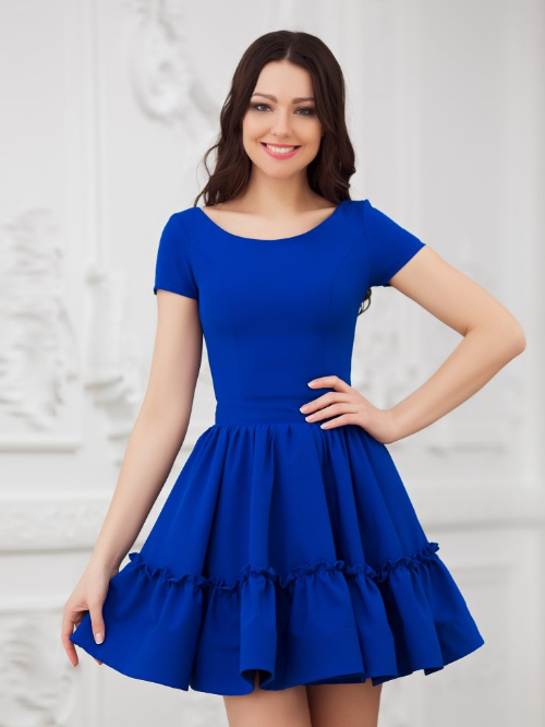 Платье короткое с юбкой в складку  Eva 5224 синее 