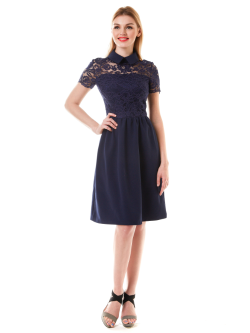 Платье с кружевом и воротником  Dress 618 синее 