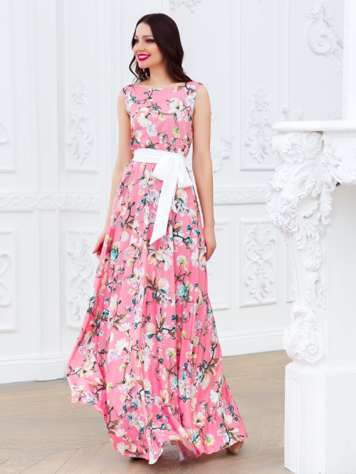 Длинное платье с поясом без рукавов Eva 5228 розовое 