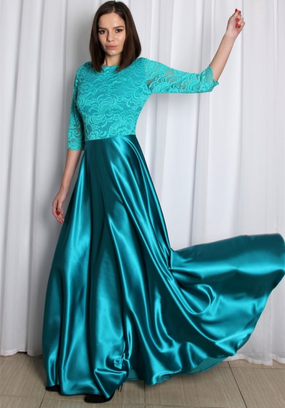 Длинное кружевное платье с атласной юбкой, бирюзовое - Длинное кружевное платье с атласной юбкой, бирюзовое