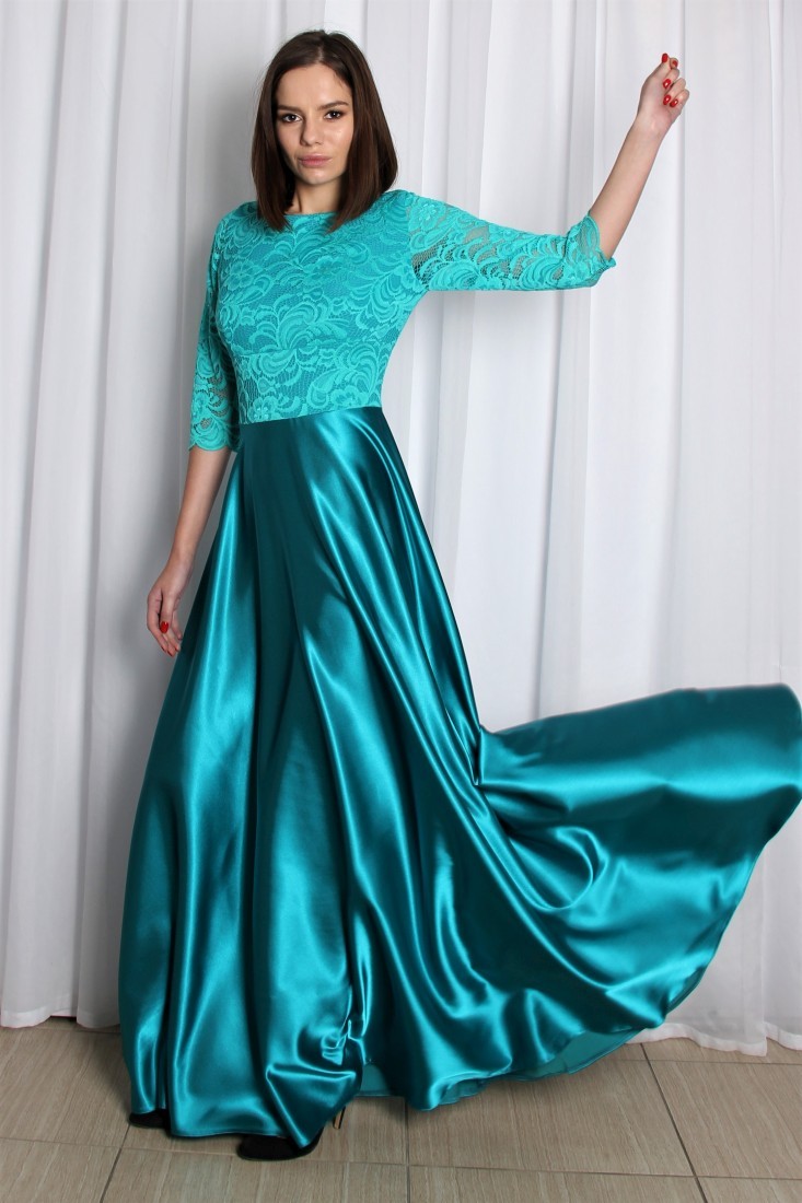 Длинное кружевное платье с атласной юбкой, бирюзовое
