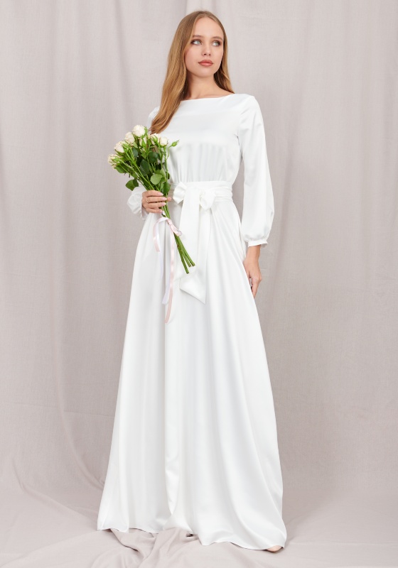 Белое платье в пол с рукавом фонарик (Агния атласное)  - Белое платье в пол с рукавом фонарик (Агния атласное) 