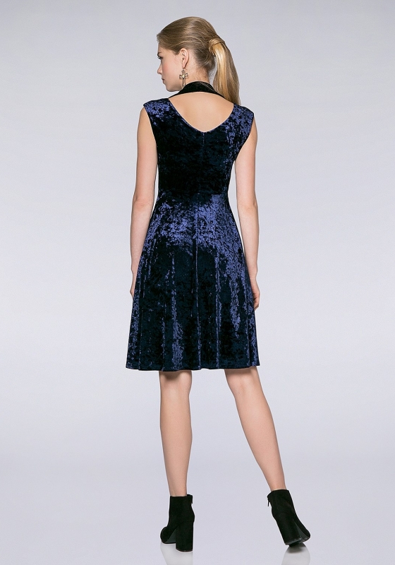 Бархатное платье с расклешенной юбкой SQ9 Т-синее - Бархатное платье с расклешенной юбкой SQ9 Т-синее