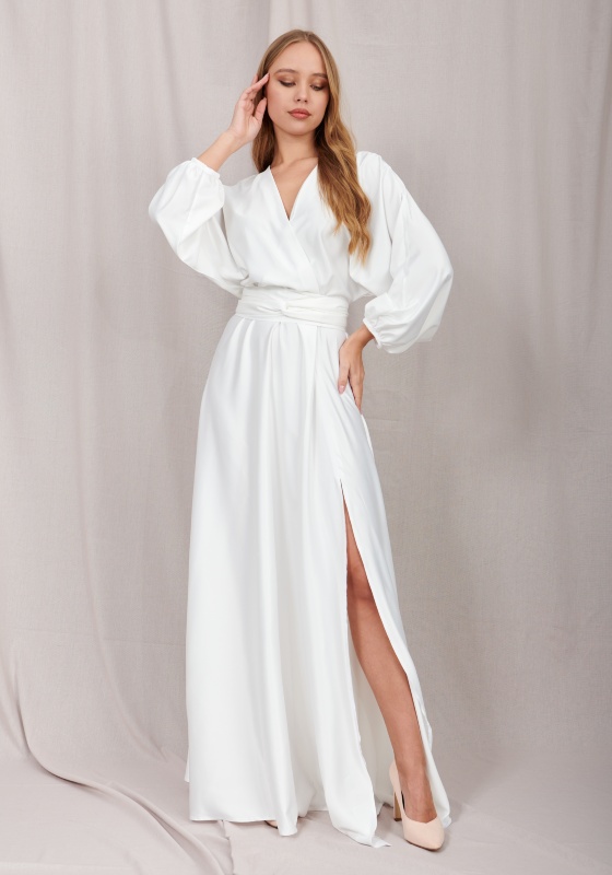 Атласное платье на запах в пол (Белый) - Атласное платье на запах в пол (Белый)
