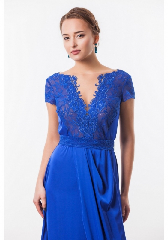 Прозрачное платье в пол с кружевом и  разрезом  Seam 4660 синее  - Прозрачное платье в пол с кружевом и  разрезом  Seam 4660 синее 
