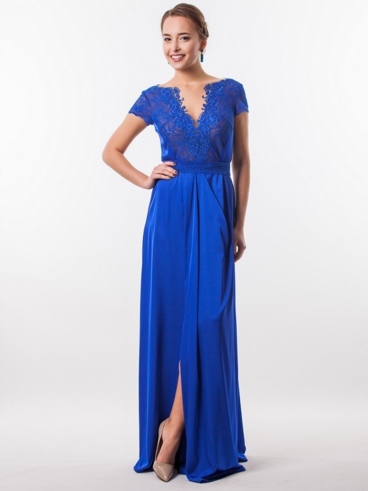 Прозрачное платье в пол с кружевом и  разрезом  Seam 4660 синее 