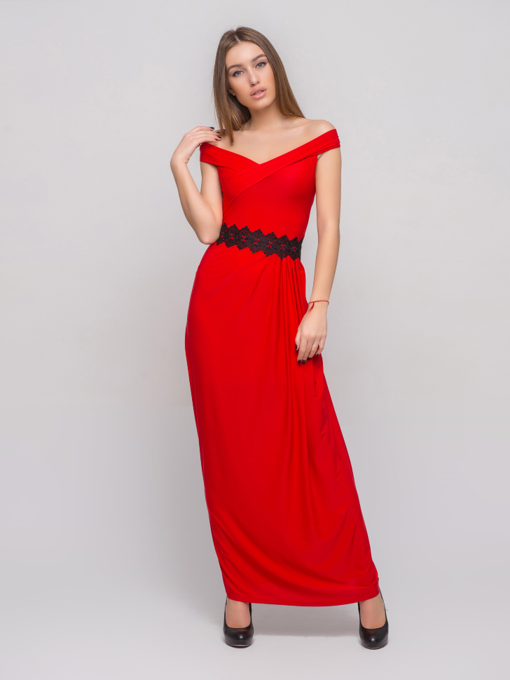 Длинное  платье с кружевом Sk House 2142 красное