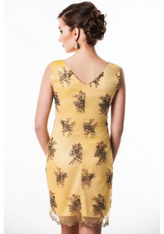 Короткое платье с кружевом и съемной юбкой из фатина Seam 4680 жёлтое  - Короткое платье с кружевом и съемной юбкой из фатина Seam 4680 жёлтое 