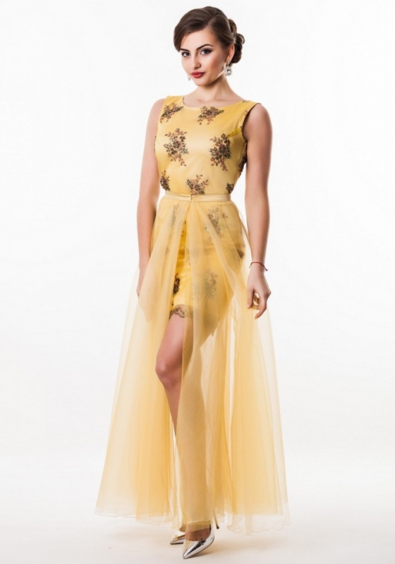Короткое платье с кружевом и съемной юбкой из фатина Seam 4680 жёлтое  - Короткое платье с кружевом и съемной юбкой из фатина Seam 4680 жёлтое 