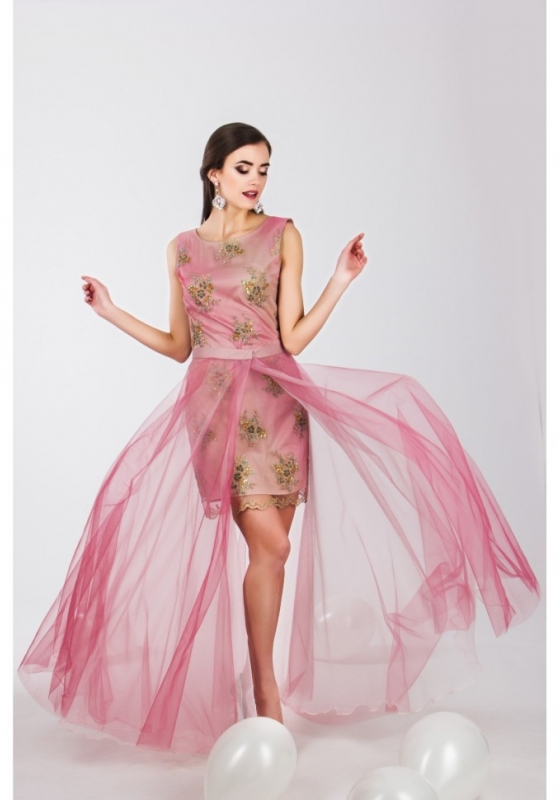 Короткое платье со сёмной юбкой из фатина  Seam 4680 розовое - Короткое платье со сёмной юбкой из фатина  Seam 4680 розовое