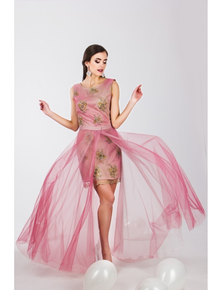 Короткое платье со сёмной юбкой из фатина  Seam 4680 розовое
