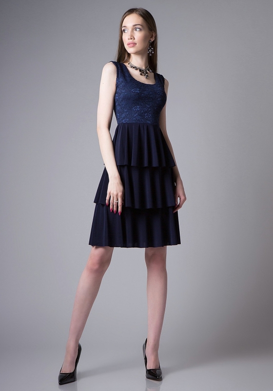Платье SQ 1074/2 темно-синее с кружевным лифом - Платье SQ 1074/2 темно-синее с кружевным лифом