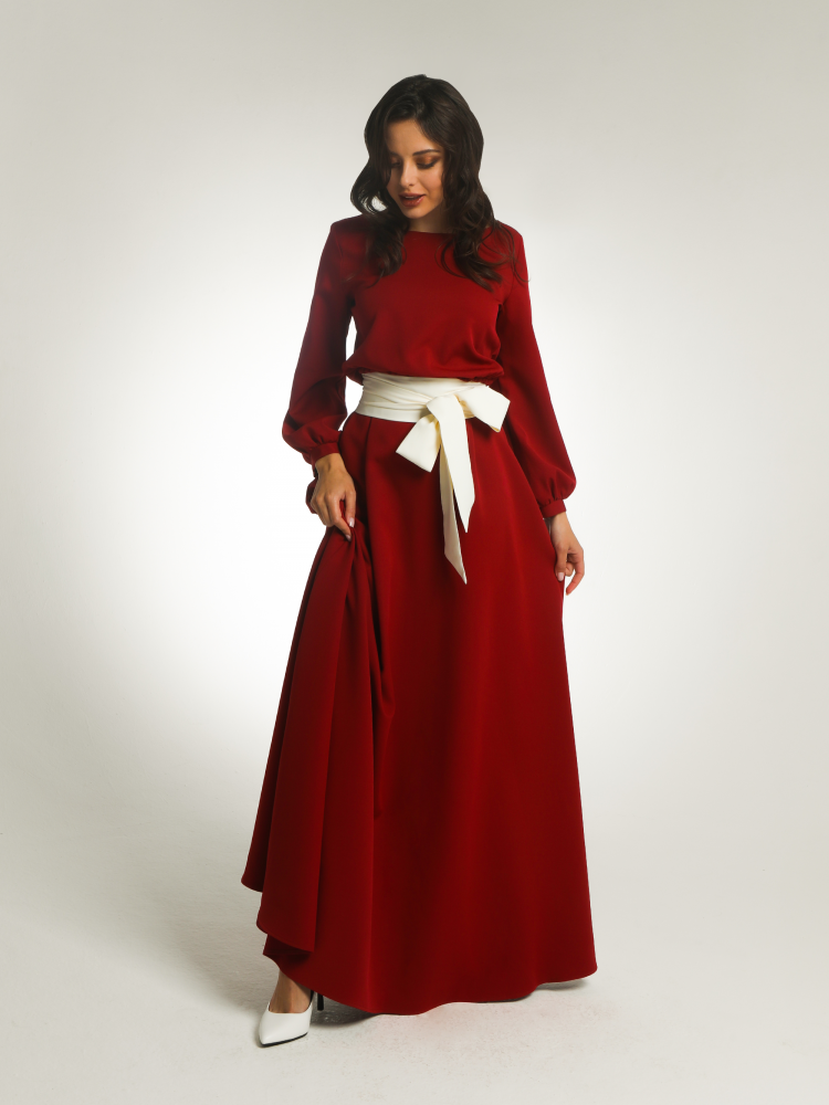 Платье в пол с рукавом фонарик Агния, красное