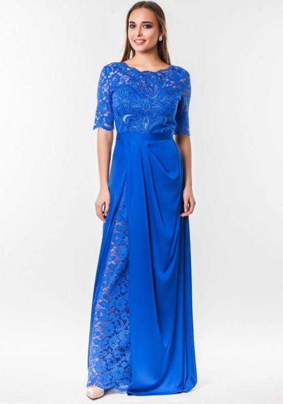 Кружевное платье с разрезом в пол   Seam 4720 синее  - Кружевное платье с разрезом в пол   Seam 4720 синее 