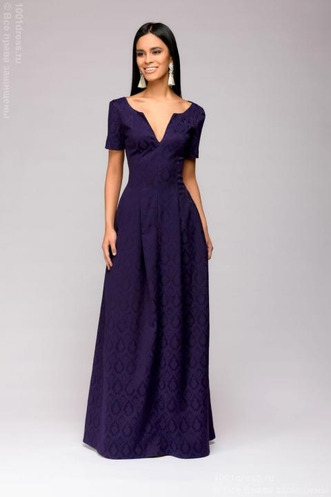 Платье фиолетовое длины макси с вырезом на груди и короткими рукавами - Платье фиолетовое длины макси с вырезом на груди и короткими рукавами